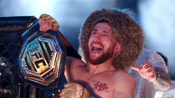 LAS VEGAS, NEVADA - SEPTEMBER 14: Merab Dvalishvili of Georgia poses with the bantamweight title belt after defeating Sean O�Malley of the United States during UFC 306: Riyadh Season Noche at Sphere on September 14, 2024 in Las Vegas, Nevada. Christian Petersen/Getty Images/AFP (Photo by Christian Petersen / GETTY IMAGES NORTH AMERICA / Getty Images via AFP)