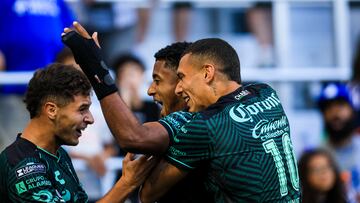 Aug 9, 2024; Cincinnati, Ohio, USA; Santos Laguna forward Anthony Lozano (11) celebrates with teammates after scoring a goal against FC Cincinnati in the first half at TQL Stadium. Mandatory Credit: Katie Stratman-USA TODAY Sports
