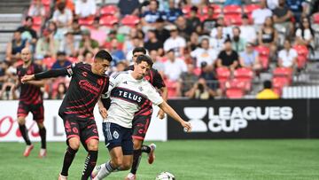 Aug 3, 2024; Vancouver, British Columbia, CAN; Club Tijuana midfielder Joe Coronona (6) battles for the ball against Vancouver Whitecaps FC midfielder Alessandro Schopf (8) during the first half at BC Place. Mandatory Credit: Anne-Marie Sorvin-USA TODAY Sports