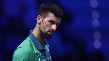 Tennis - ATP Finals - Pala Alpitour, Turin, Italy - November 19, 2023 Serbia's Novak Djokovic reacts during the final against Italy's Jannik Sinner REUTERS/Guglielmo Mangiapane